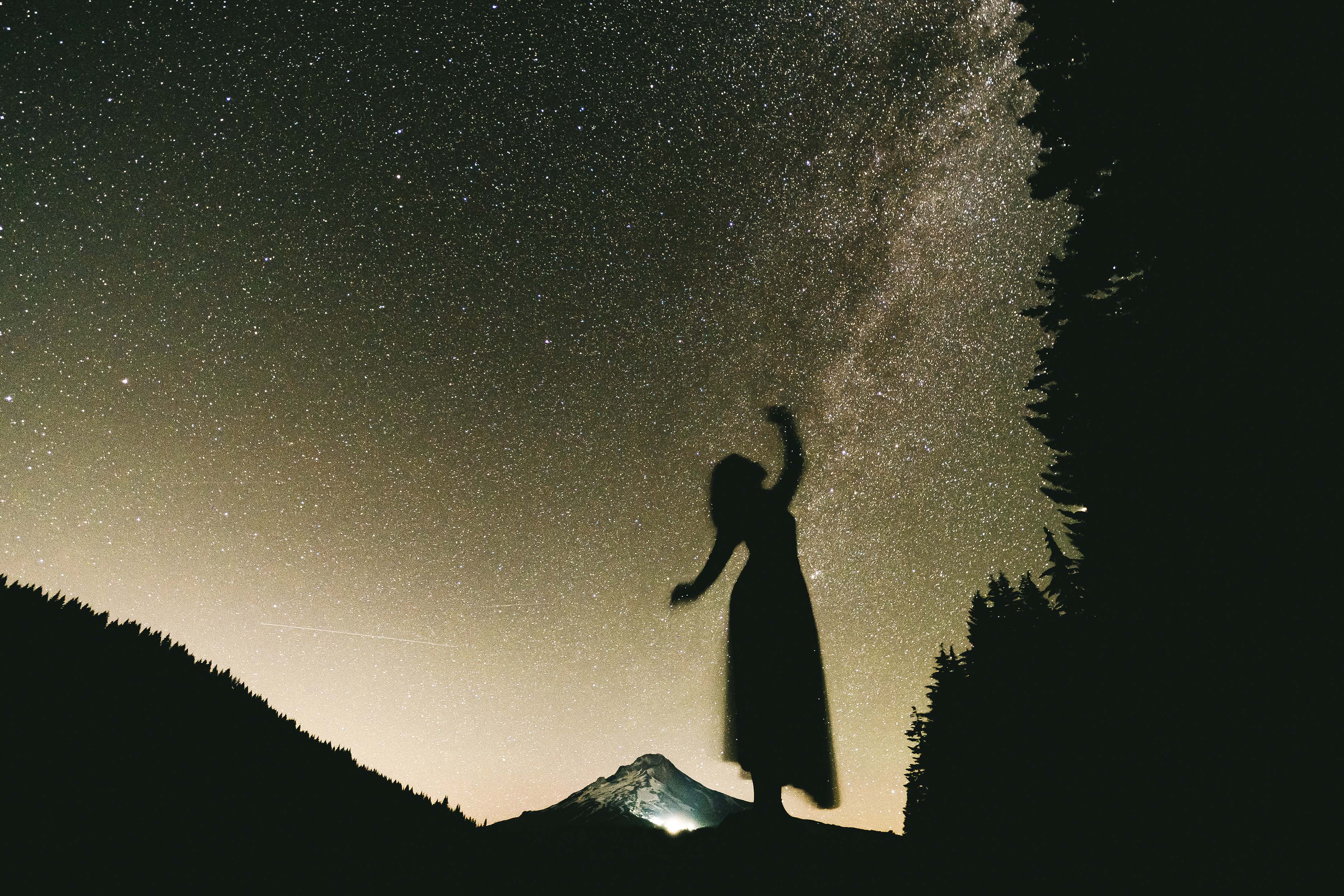 Reaching for the Stars — a view of Mount Hood from Trillium Lake on a starry summer night